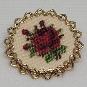 VINTAGE Handcrafted Dainty Petit Point Floral Brooch